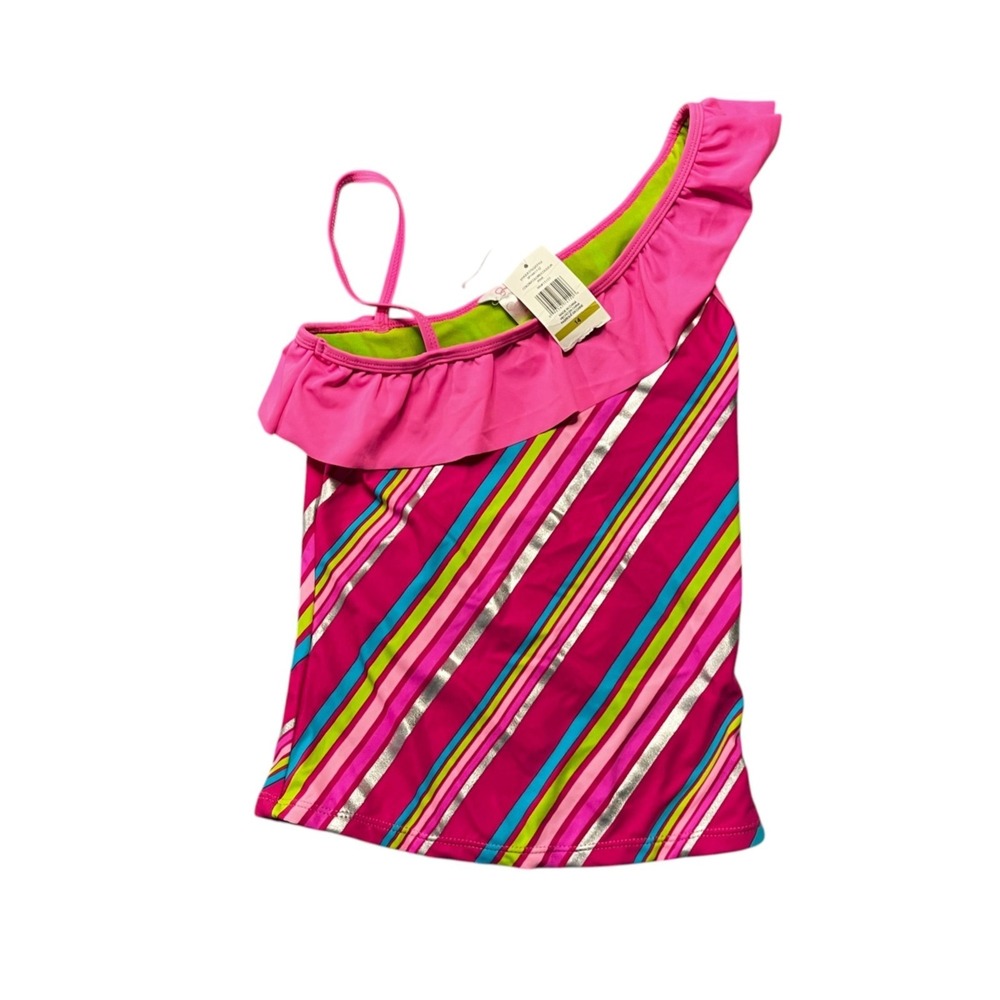 Jessica Simpson Girls Pink Striped‎ Ruffle One Shoulder Tankini Swim Top Beach
